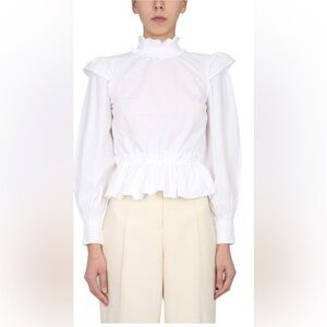 Ganni Victorian Style white Puff Sleeve Cotton Poplin Top. Size 0. NWT.